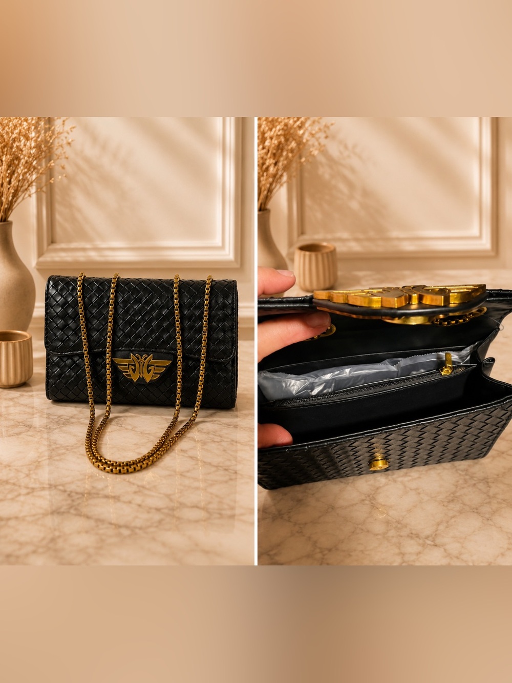 NEW Black Quilted Shoulder Bag with Gold Chain - Picture 6 of 6